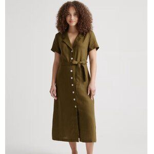 Quince European Linen Button Front Dress, Martini Olive Green, Small